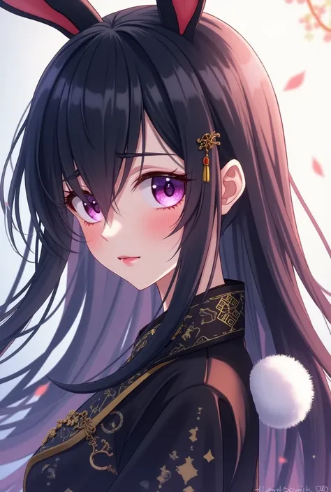 ( maximum quality,  best quality,  official art  , beautiful and aesthetic :1.2) female anime, rabbit woman, cute girl,  long black hair,  hair over the right eye,  purple-eyed,  rabbit ears, white pompous tail , Chinese black and gold clothes,  smiling.
