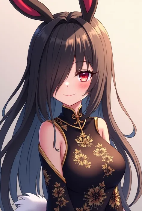 ( maximum quality,  best quality,  official art  , beautiful and aesthetic :1.2) female anime, rabbit woman, cute girl,  long black hair,  hair over the right eye,  red eyes,  rabbit ears, white pompous tail , Chinese black and gold clothes,  smiling.
