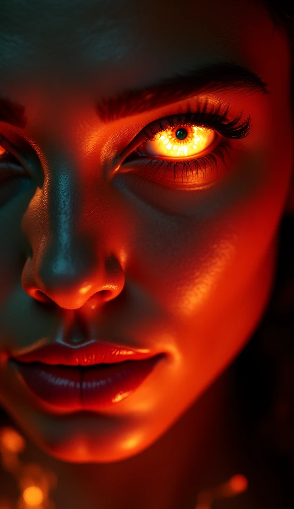 Closeup of a sorceress's majestic powerful eyes blazing red and orange flames with hint of magic green detailing, embers glowing in the air, dynamic lighting highlighting intense heat and magic power. Rich reds and orange color palette with deep blacks in ...