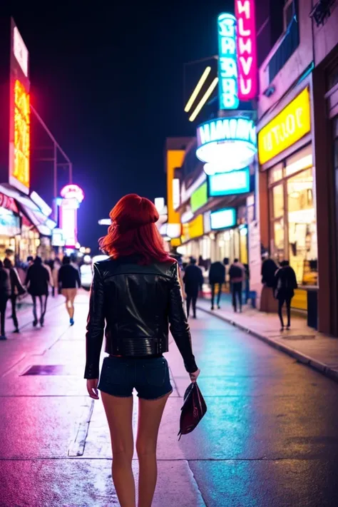 Girl with red hair, wearing a leather jacket and shorts. Walking in the street, neon lights on background