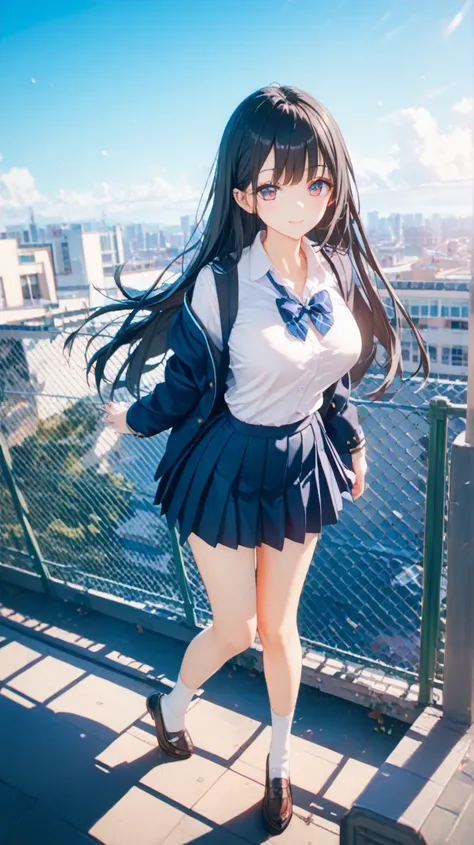  high quality,  high definition, Age 18, slender, black hair, long hair, large breasts, beautiful breasts, beautiful legs, full body,high school, school uniform, high scool rooftop, from above, Indoor shoes, looking viewer, Parker, High school rooftop, iro...