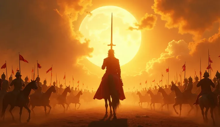 "A grand historical painting-style tribute, Maharana Pratap standing tall, his sword pointing towards the sky, with an ethereal golden glow around him, a montage of battles, Chetak, and Rajput warriors in the background, a divine aura, ultra-HD, highly det...