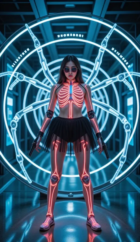 GJGJAA,figure costume in the shape of neon skull glass,(Wide and high angle view from first floor). At dark night, in a sci-fi conceptual transparent dome-shape multi-storey AI Research Center with IC-like glass floor, an incomplete holographic side-view g...