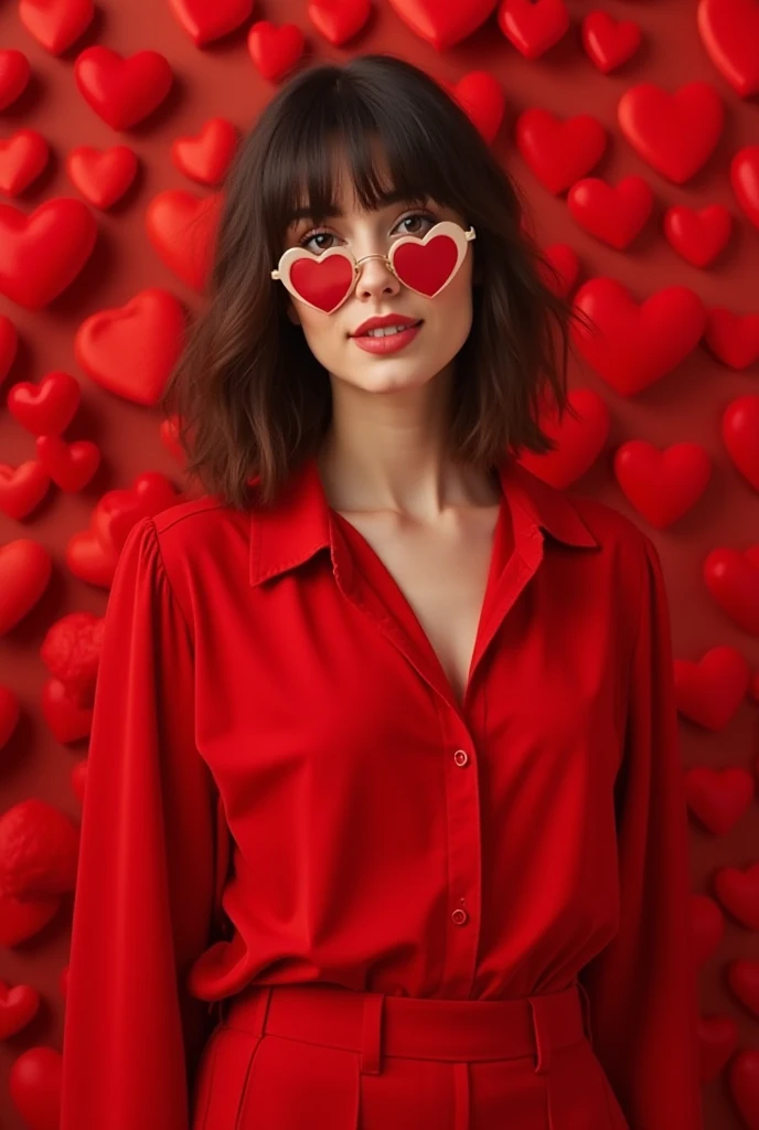 Woman with medium dark brown hair in two layers with fringe on the right side with brown eyes and heart-shaped lenses with a red v-neck blouse, red pants and black shoes with a background full of many red hearts 