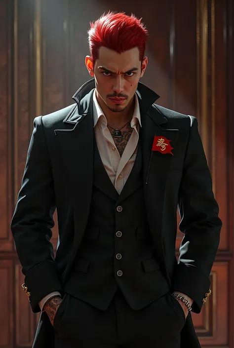 handsome Japanese age man.
RED short hairstyles.
coat outfit.
wear ring. fiercely, villain aura 
tattoo on his body.
embroidery "REDFLAG" on his clothes.
background at the mafia office