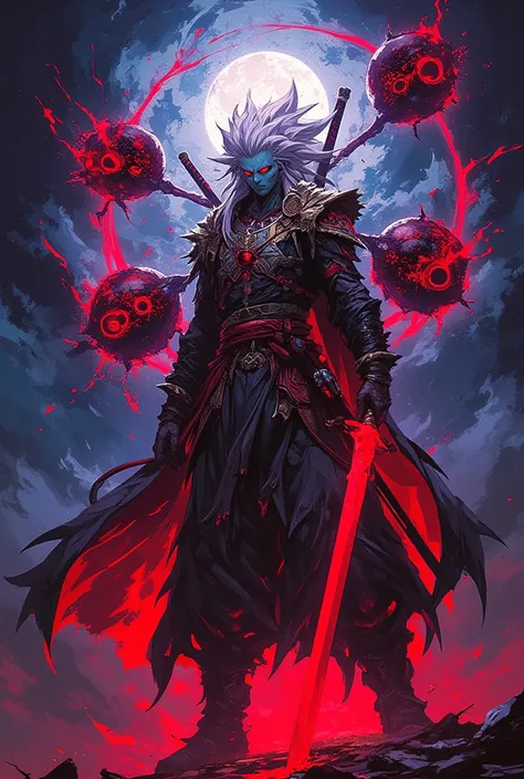 Red Swordsman Cosmic God ,  His hair is bristling like a shiny white super Saiyan ,  On his back he carries a cane and around him are five fiery black spheres 