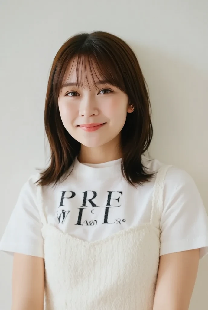  top quality、（ beautiful）、Super delicate eyes、 brown eyes、22-year-old female、、smile、 looking at the camerawith capital letters on the t-shirt 、  semi-short hair、 gals、lace mini dress