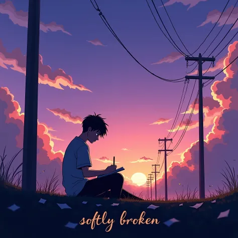 "digital painting Hayao Miyazaki style of a young man sitting on the ground at dusk, lost in thought while writing in a notebook. The sky is a breathtaking blend of deep purples, pinks, and oranges, illuminated by scattered clouds and fading sunlight. Powe...