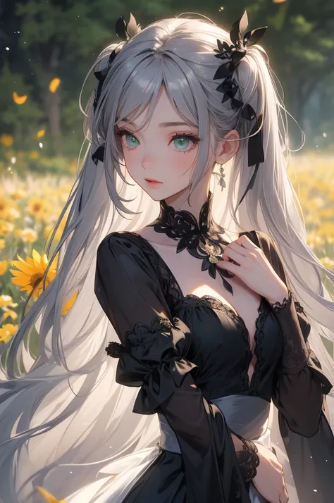   She's a girl with green eyes shaped like flowers,   She has long curly hair tied in pigtails  ,   her hair is gray with black highlights   .    The girl with thin sleeves    ,   on the tip of her dress   /It's a crossroads of life where 々 is made from fl...