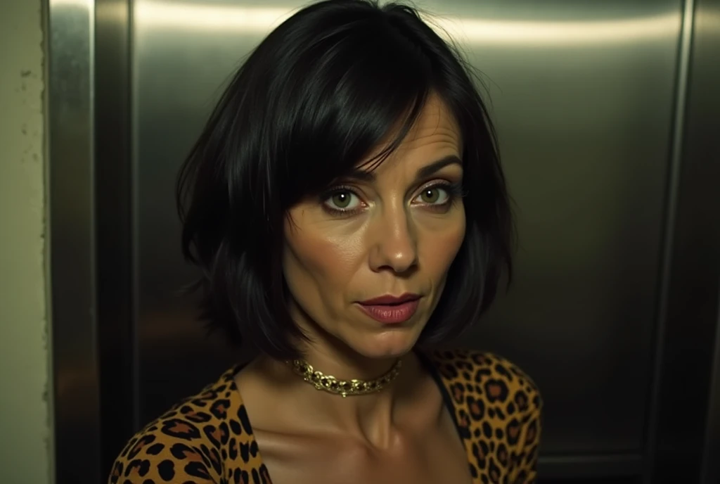 Scene from a porn ,  Silke is a small woman  , Age 50,  short hair , Botox lips , heavily made up, dark jeans, largee spitze Brüste,  wide leopard top    ,     stands in front of me in a very small lift , in a basement ,   short black hair ,  long, false f...