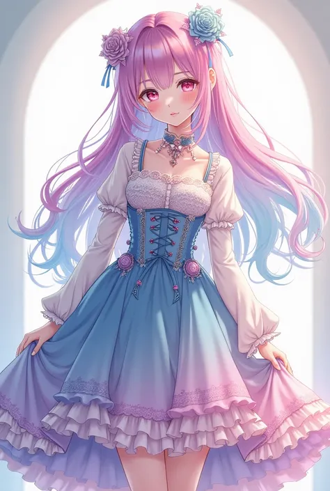 Draw an anime girl with pink-blue hair and a detailed skirt with a beautiful top 