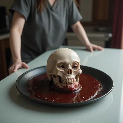    Placing the Skull of a Decapitated Woman , [Asia,   Less Blood     , ((  eyes closed )),     A dish in a plate   , bloody,  actual , 4K, Nikon, fear