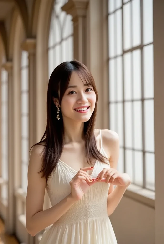 Woman solo, long hair, looking at viewer, holding onto the viewer's hands,  realistic, sexy, in white bridal dress. Inside a cathedral, and she is smiling while giving vows.