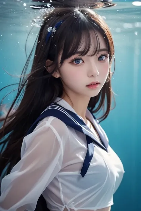 ( see-through:1.3),White sailor suit, sailor dress ,  White Theme , school uniform,  sailor suit ,  stare at viewers,  Madness,  long disheveled hair ,   beautiful eyes in every detail  ,Hair shines,Dramatic angle, blue sailor color ,  Plump Boobs , ogipot...