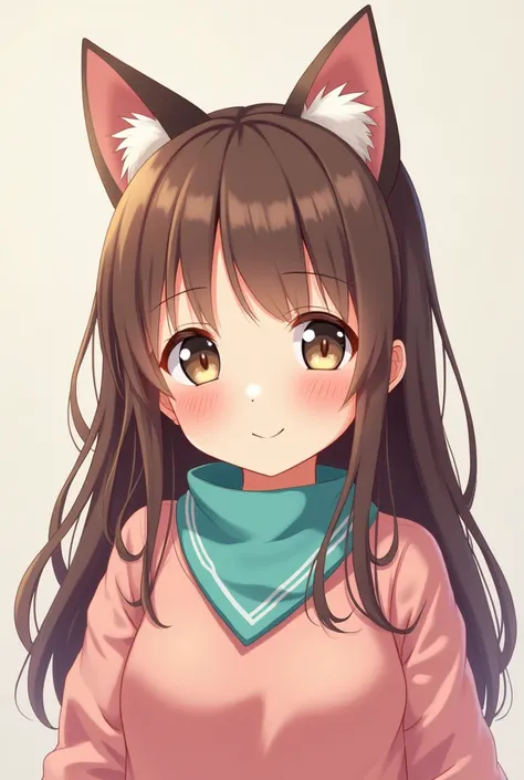 Girl with anime-style cat ears with long brown hair and wears a pink sweater and a small aquamarine bandana around HER neck,happy