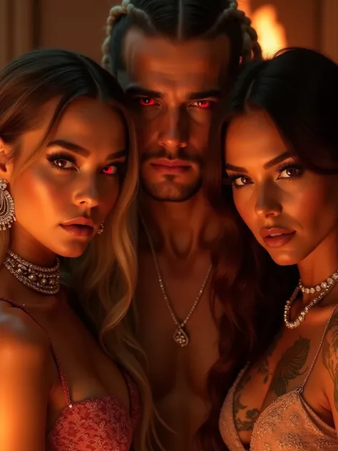 3 people a White Male with short braids, with a  beautiful woman with red glowing eyes, long black eyelashes, wearing diamond chain, wearing diamond earrings, wearing diamond watch, with long silver glowy hair, wearing a gucci outfit amd a women with long ...