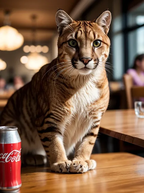 a close-up portrait of a cougar at restaurant having a giant burguer and a glass of Coca-Cola, detailed fur, intricate whiskers, intense eyes, soft lighting, realistic, photorealistic, high quality, 8k, best quality, ultra-detailed, professional, vivid col...