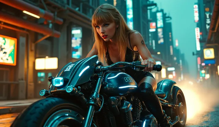 A captivating cyberpunk scene featuring Taylor Swift riding a massive, futuristic motorcycle through a gritty industrial setting. She wears a sleek, strappy black outfit that clings to her figure, with water droplets glistening on her skin as if she just e...