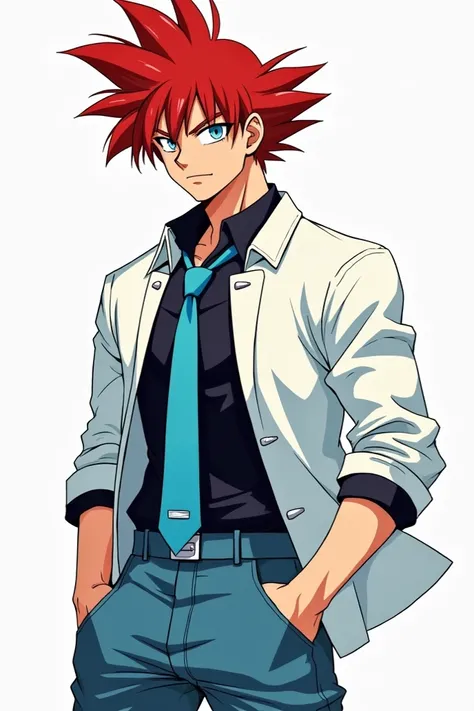 Goku in a white jacket and with a black shirt and blue tie and red hair and blue eyes and jeans 