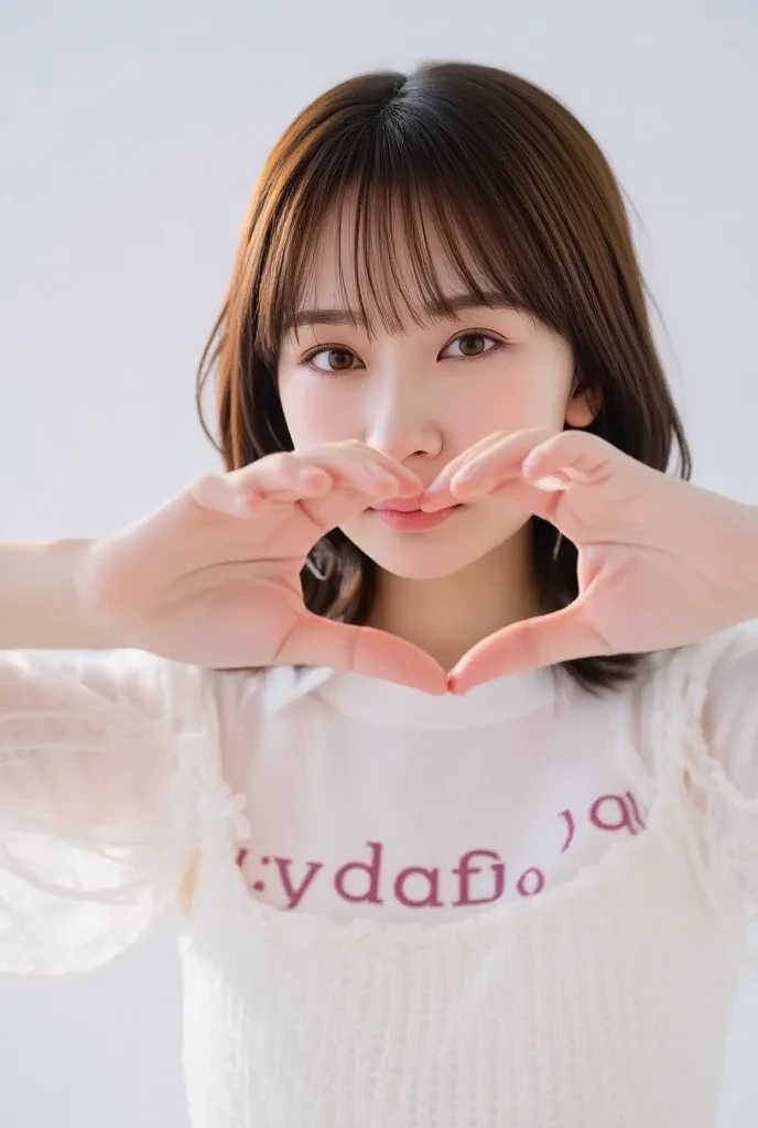  top quality、（ beautiful）、Super delicate eyes、 brown eyes、22-year-old female、、smile、 looking at the camerawith capital letters on the t-shirt 、  semi-short hair、 gals、lace mini dress, makes a heart shape with both hands