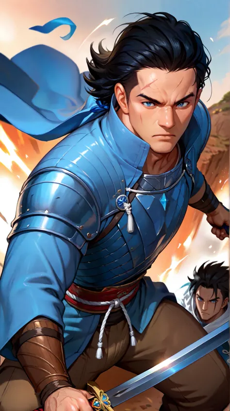  a JAPANESE man with LONG black hair tell of a gradient with a scar on his eyebrow, with blue eyes, wearing black armor with blue diamond stones ( The man is fighting with swords in a battle) 