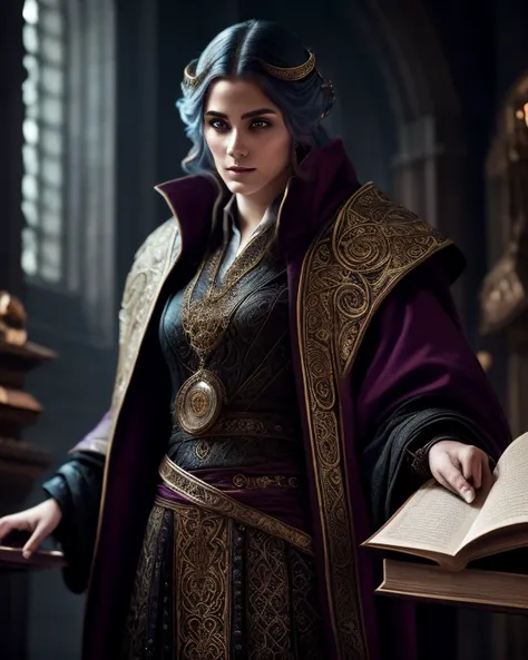 A highly detailed portrait of an Altmer mage-scholar hybrid, wearing ornate robes and holding an ancient tome, worshipping the Divinity Julianos, detailed face features, intricate clothing textures, dramatic lighting, fantasy art style, moody color palette