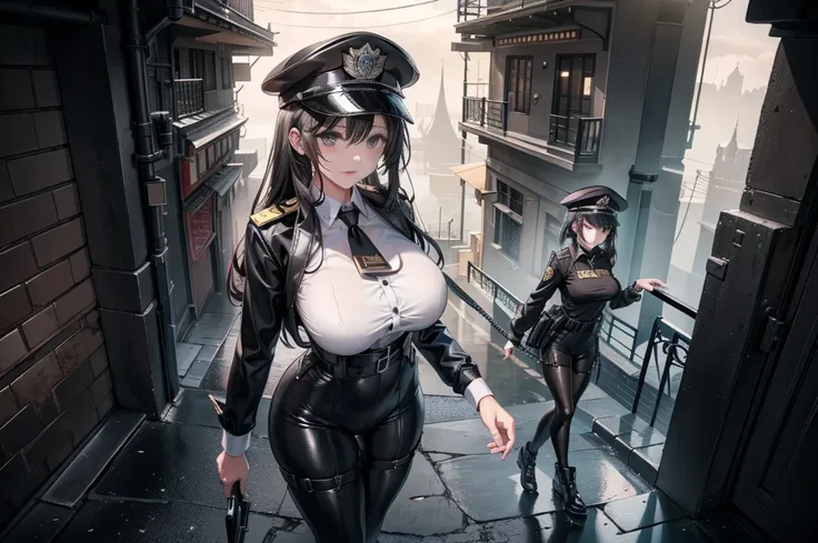 8K，realistic，glamorous，He is very detailed， perfect hands, 2 girls aged 20, 2 women, standing, ((( View from above))), sensual lips,  beautiful eyes ,  detailed eyes,  black eyes,  long black hair ,  Police Cap, ((white long sleeve buttoned shirt)), (black...