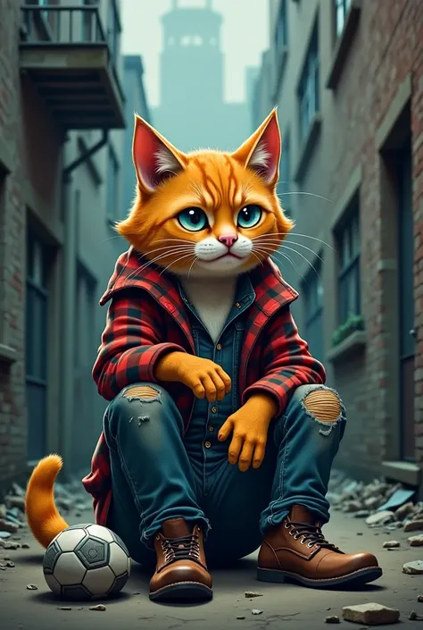 *"Illustrate an anthropomorphic cat with a sad expression, sitting in a rundown alley in tattered and worn clothes. The cat is wearing an old flannel jacket, torn jeans and worn boots. In front of him lies a soccer shoe on the ground, . The background show...