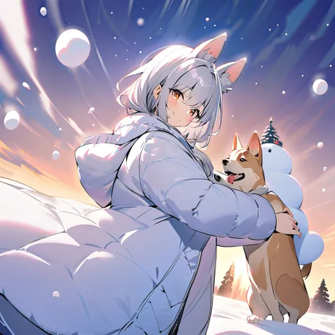 winter，smile，           girl with dog ears ，                     Silver Hair，    White Ear，   down jacket， snowman who rejoices in the snow