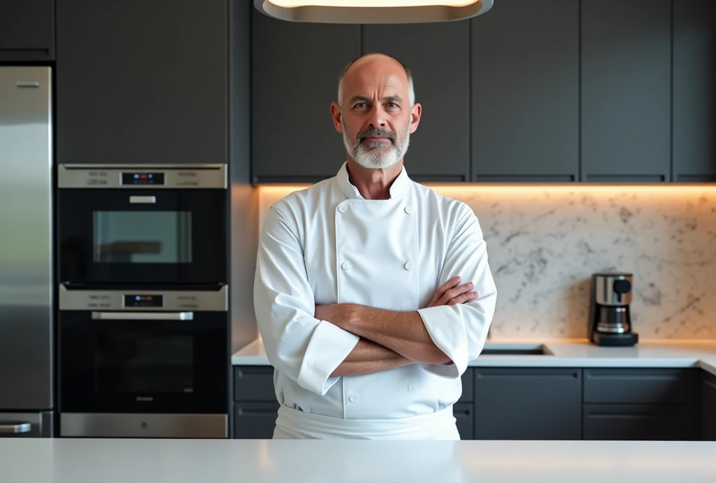 Front image, 40 year old man in the kitchen, high-tech kitchen