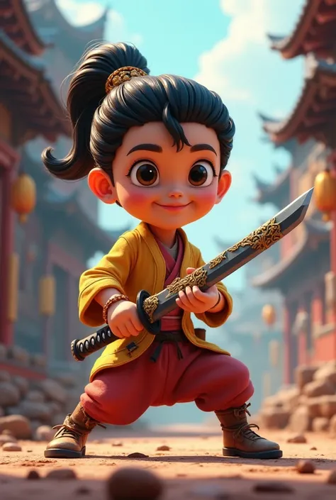 3D cartoon character with a pretty katana