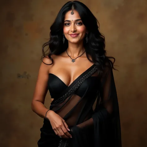 Desi girl named anushka sheety, in black saree,long black wavy hair, big breasts, curved figure, cubism art, pure, benevolent, powerful, seductive, supermodel, oversized breasts, attractive face, piercing bright eyes, smiling, pose, wearing embellished sil...