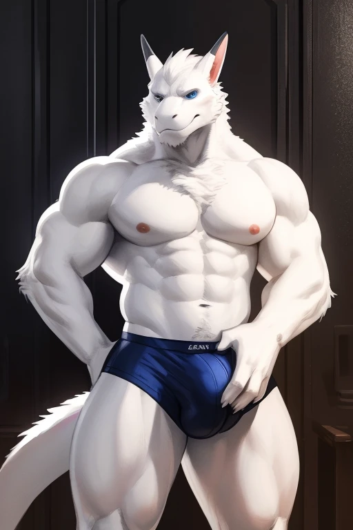 white masculine lizard, fit body, white big tail, bulge, hard bulge, full body, Sexy Muscular, Muscular, resting hand on bulge, perfect anatomy, realistic hand, (((whole body:1.1))), masterpiece, white beard, detailed eyes, blue eyes, (((white head:1.0，whi...