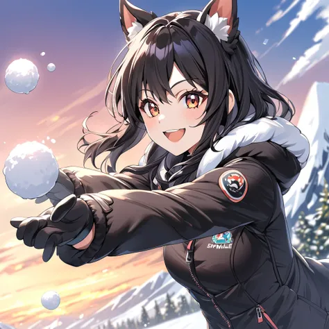 Age 19，                    Woman with Dog Ears，   Very black hair，                              black ear                            ， smile，          Anime Images，    snowball fight， down jacket 