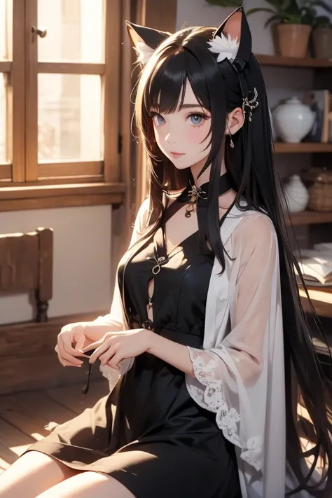 Pretty girl with Black long hair, with cat ears. Wearing black spagetti dress. Sitting inside the house.