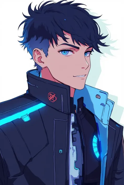 Anime style, A portrait of Theo, a young man with bright blue eyes and slightly messy dark hair. He's wearing a stylish dark jacket with glowing cyan accents and a circular emblem on the chest. His expression is cheerful and mischievous.  Anime style, vibr...