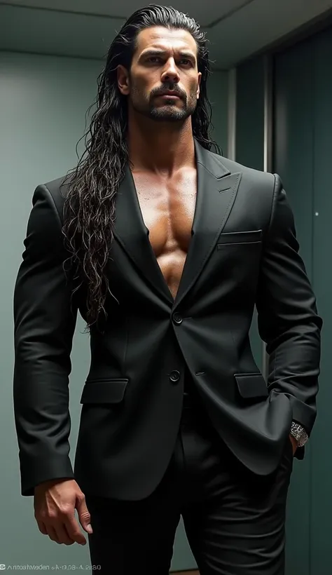 Wet long tie hair muscle bodybuilder hunk wearing a suit modeling