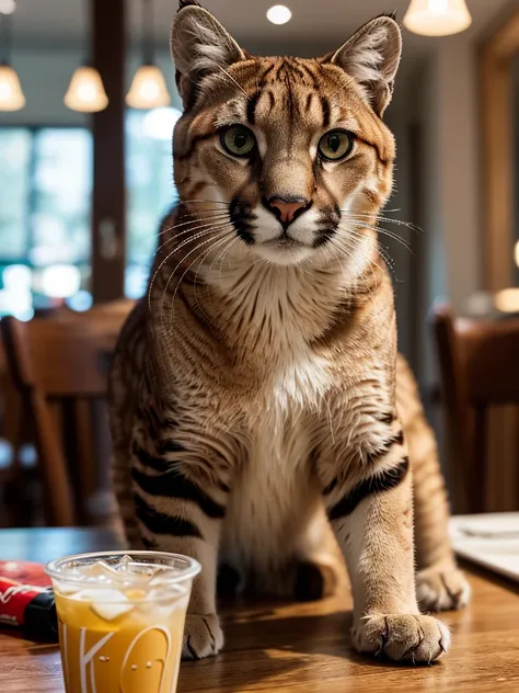 a close-up portrait of a cougar at restaurant having a giant burguer and a glass of Coca-Cola, detailed fur, intricate whiskers, intense eyes, soft lighting, realistic, photorealistic, high quality, 8k, best quality, ultra-detailed, professional, vivid col...