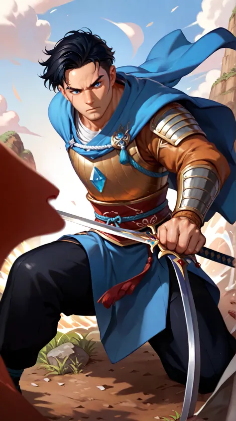  a JAPANESE man with black HAIR LONG speaks of a gradient with a scar on his eyebrow,  with blue eyes ,  wearing black armor with blue diamond stones  (The man is fighting with swords in a battle )