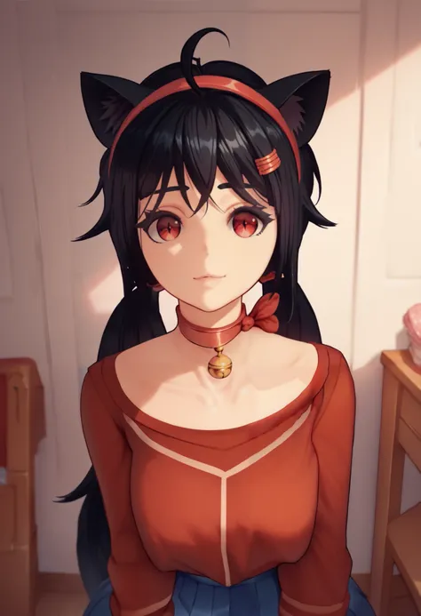 ((cat girl, cat black ears)), (red eyes), (long hair), (( black hair, (Ahoge), straight bangs,)),, braids hair, red hairband, choker, red sweater, blue skirt, hair ornament