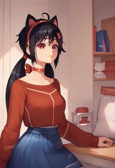 ((cat girl, cat black ears)), (red eyes), (long hair), (( black hair, (Ahoge), straight bangs,)),, braids hair, red hairband, choker, red sweater, blue skirt, hair ornament