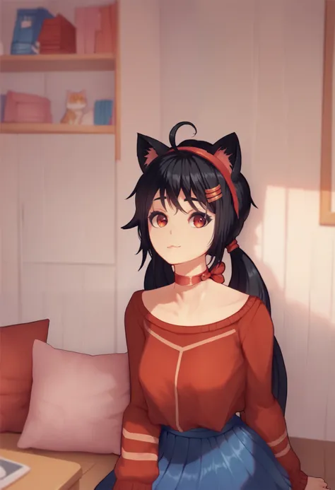 ((cat girl, cat black ears)), (red eyes), (long hair), (( black hair, (Ahoge), straight bangs,)),, braids hair, red hairband, choker, red sweater, blue skirt, hair ornament