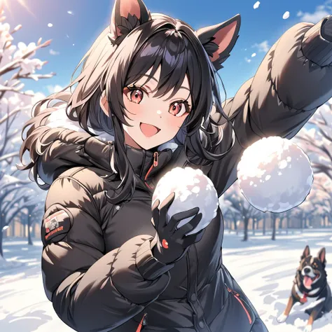 Age 19，                     Woman with Dog Ears，   Very black hair，                               black ear                             ， smile，          Anime Images，    snowball fight，  down jacket  ， throw snowballs