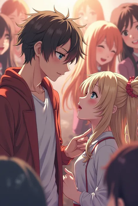 A young men of anime surrounded by girls and fucking them.