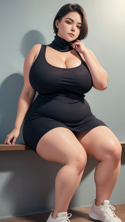 A chubby woman wearing a turtleneck dress, thick chubby cheeks,  THICK NECK ,  big boobs, chubby thick arms, wet armpit, smooth soft white skin,  shoulder-length short hair, wide cleavage,  fat belly ,, chubby thighs... wearing red sneakers, full body, ran...