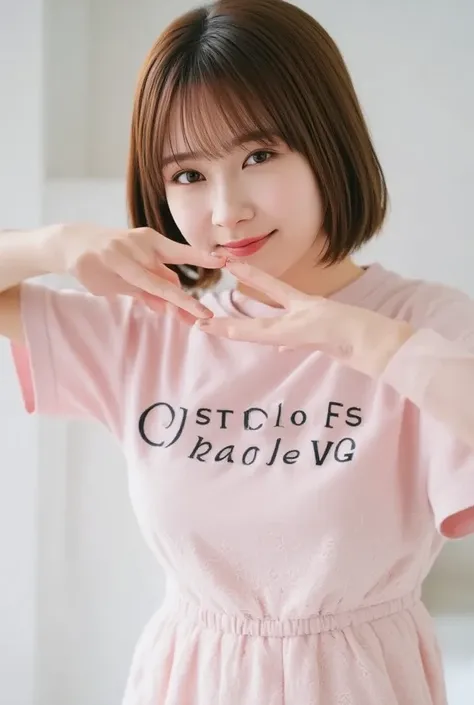  top quality、（ beautiful）、Super delicate eyes、 brown eyes、22-year-old female、、smile、 looking at the camerawith capital letters on the t-shirt 、  semi-short hair、 gals、lace mini dress, makes a heart shape with both hands