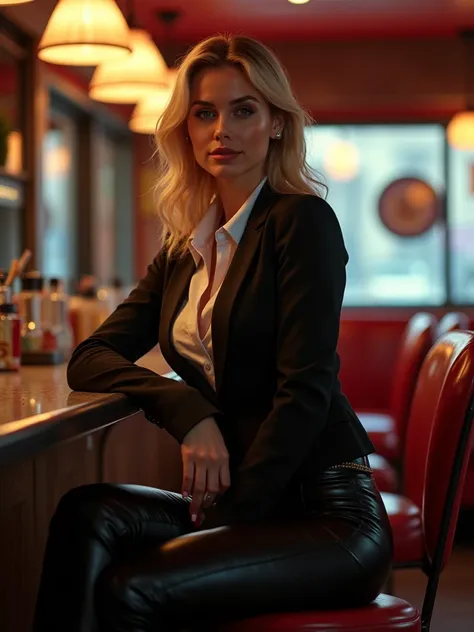  secretary very hot with slim figure a pretty smile and high black high-heeled leather boots, In an American diner, Sits on the bar counter and lets your legs hang, real, 8k, Men&#39;s suit, clothed leather pants,  Men&#39;s suit, sexy pose, Light comes fr...