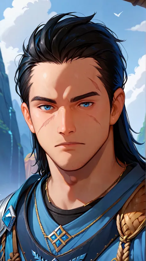  a JAPANESE man with black HAIR LONG speaks of a gradient with a scar on his eyebrow,  with blue eyes ,  wearing black armor with blue diamond stones  