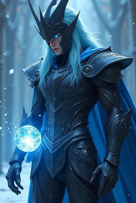 Create Devil May Cry  & Saint Seiya a handsome man with long shimmering light blue hair with sapphire blue eyes with shapely legs with a large shimmering metallic black helmet of the Aquarius sign wearing shimmering black metallic armor of the Aquarius sig...