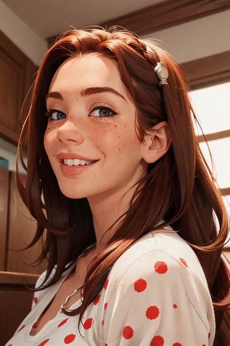 masterpiece, Best quality, Realistic photo of a girl, long hair, Red freckles, smile